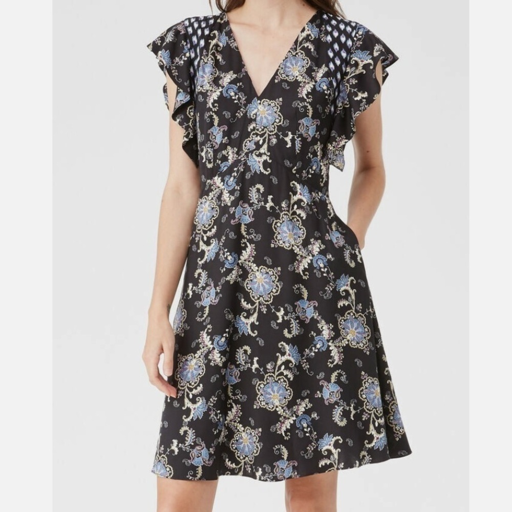 Rebecca Taylor Silk Blend Paisley Dress Black Ruffle Flutter Sleeve Size 8